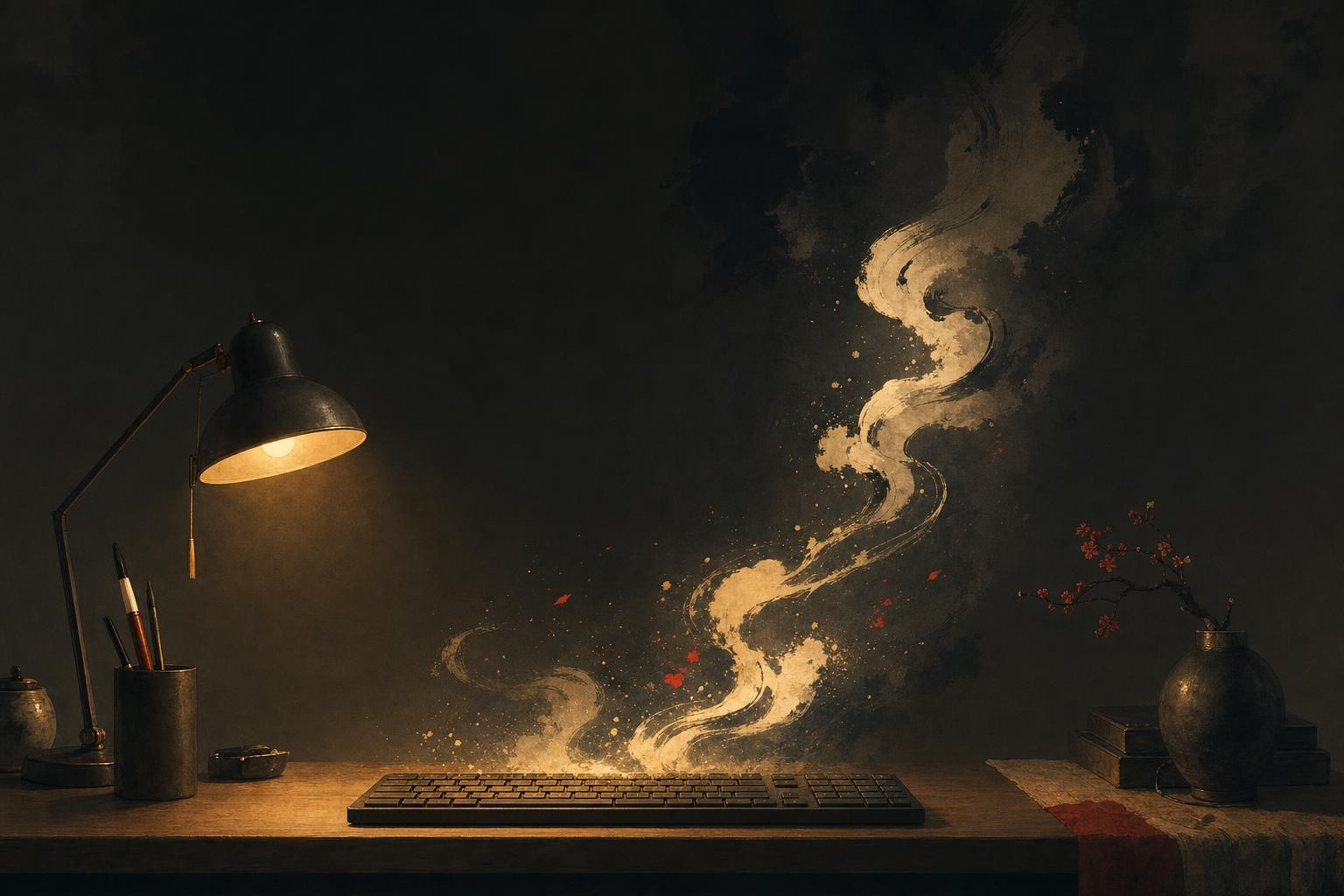 An ordinary desk keyboard glowing under lamplight with characters rising from the keys, showing how a chinese keyboard works