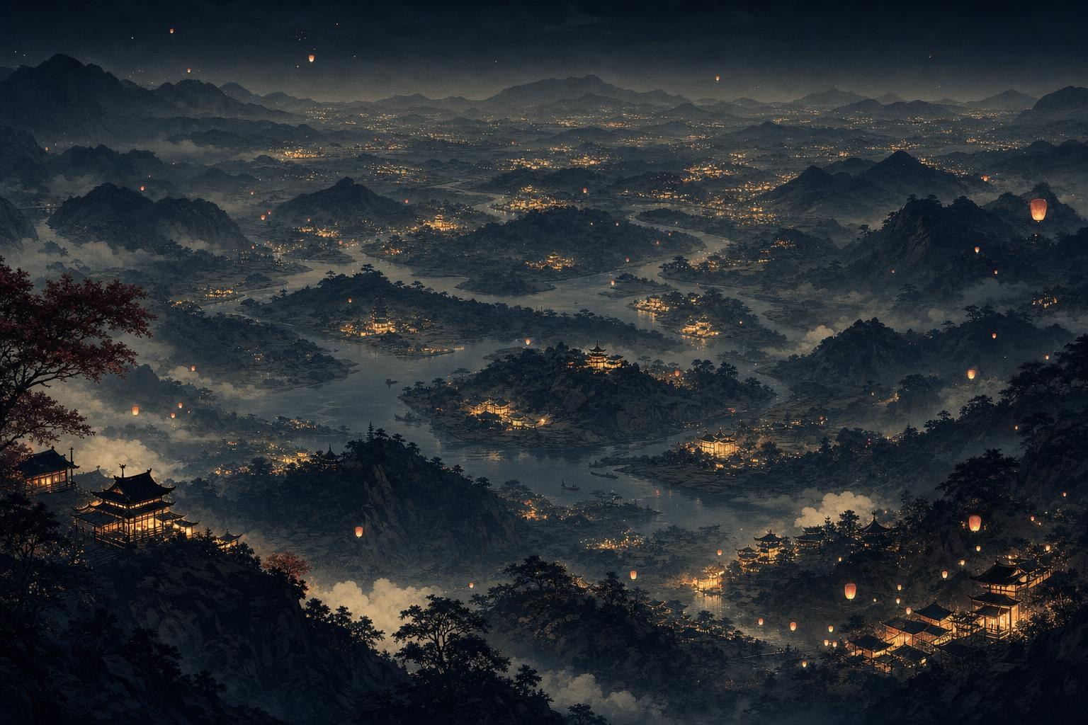Lantern clusters glowing across a vast night landscape of mountains and rivers, one glow for each of the many chinese languages