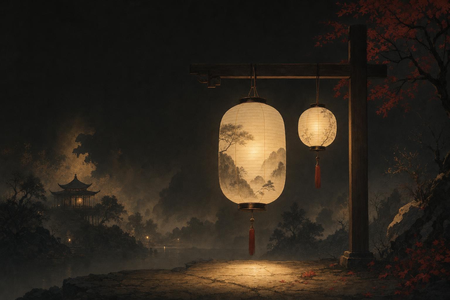 A large lantern and a small lantern hanging from the same beam, asking if mandarin is the same as chinese