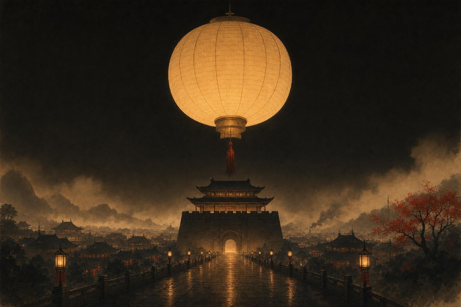 One grand lantern glowing above a northern city gate at night, the mandarin language standing over the capital