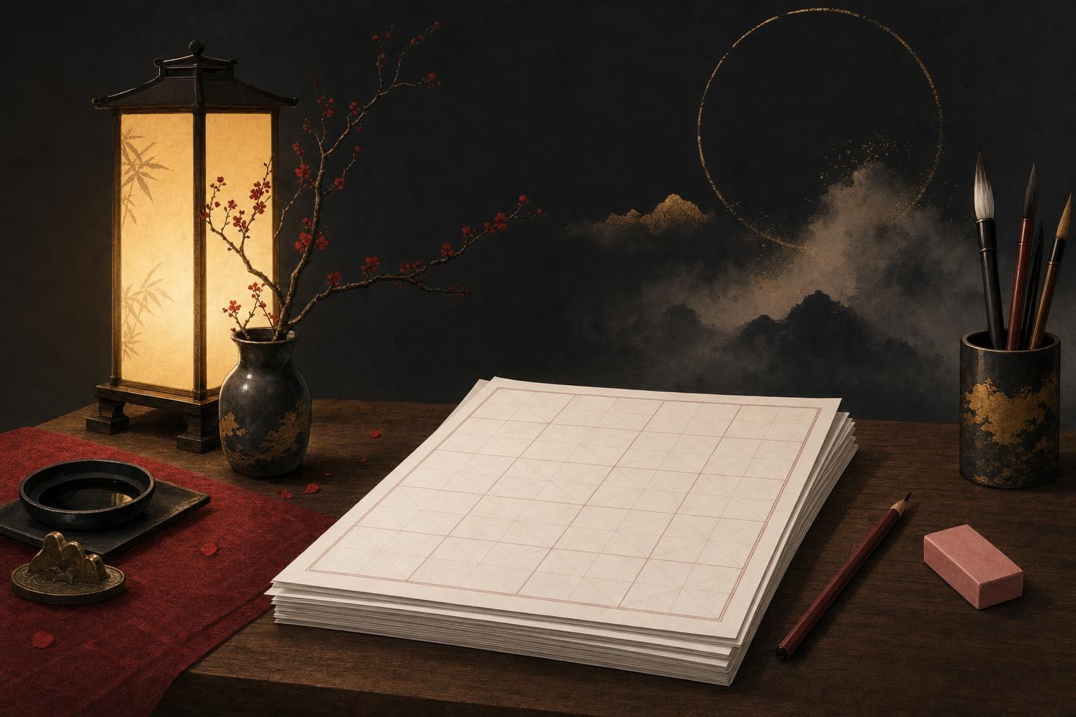 Arch chinese review: printed character practice grids with a pencil, an eraser and a stack of worksheets on a wooden desk