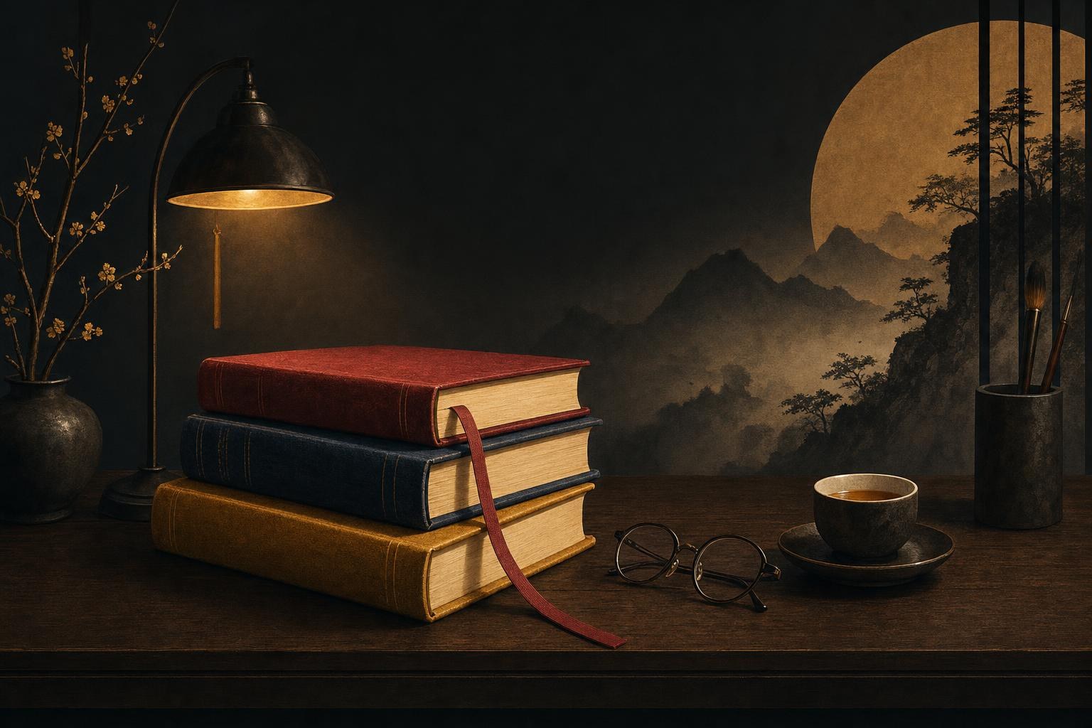 Best chinese textbooks: a stack of cloth-bound study books with a bookmark ribbon, a cup of tea and reading glasses under lamplight