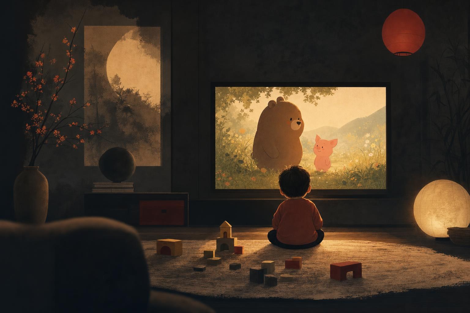 Chinese cartoons for kids: a small child sitting on a rug watching a glowing screen with a friendly round bear and a pig character