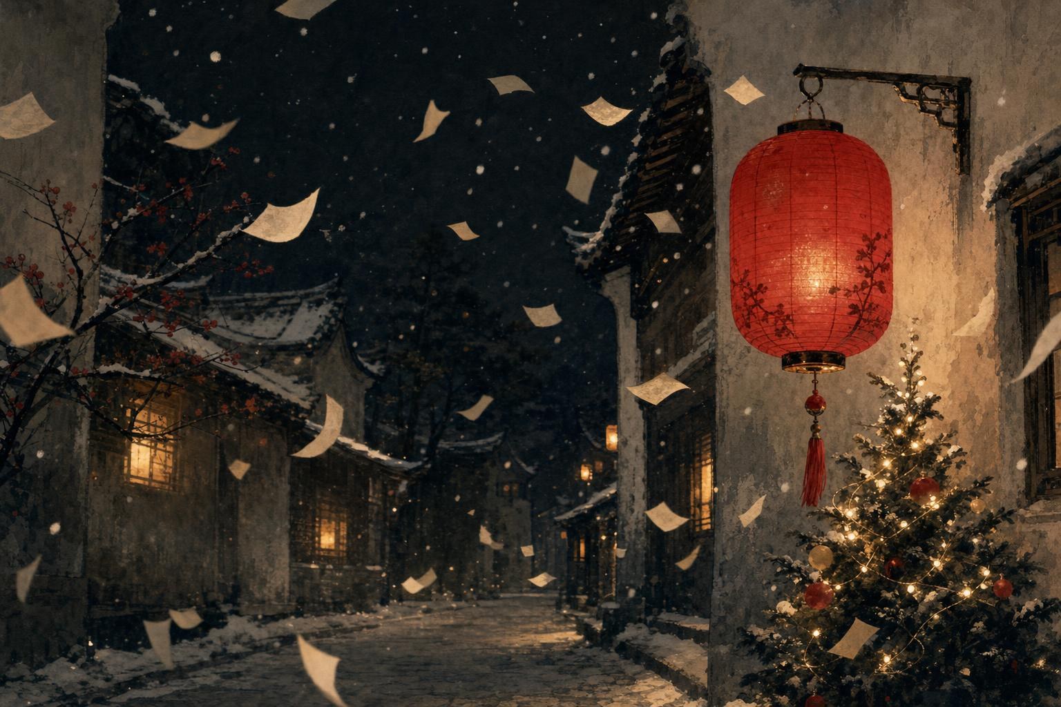 Chinese christmas songs: a red lantern and a small decorated tree glowing in a snowy alley with sheet music blowing in the wind