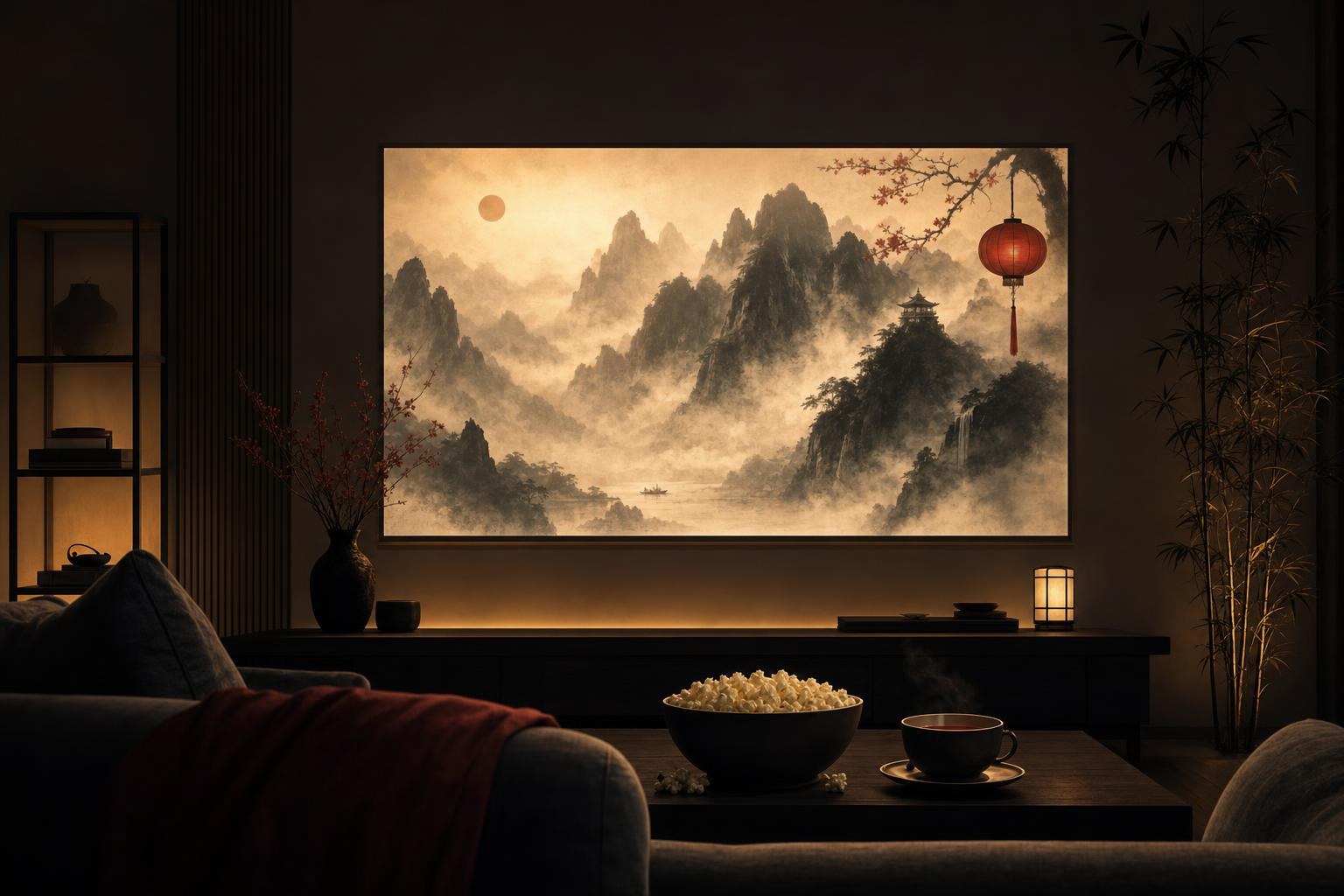 Chinese movies on netflix: a dark living room with a glowing screen showing a misty ink-wash mountain scene and a bowl of popcorn