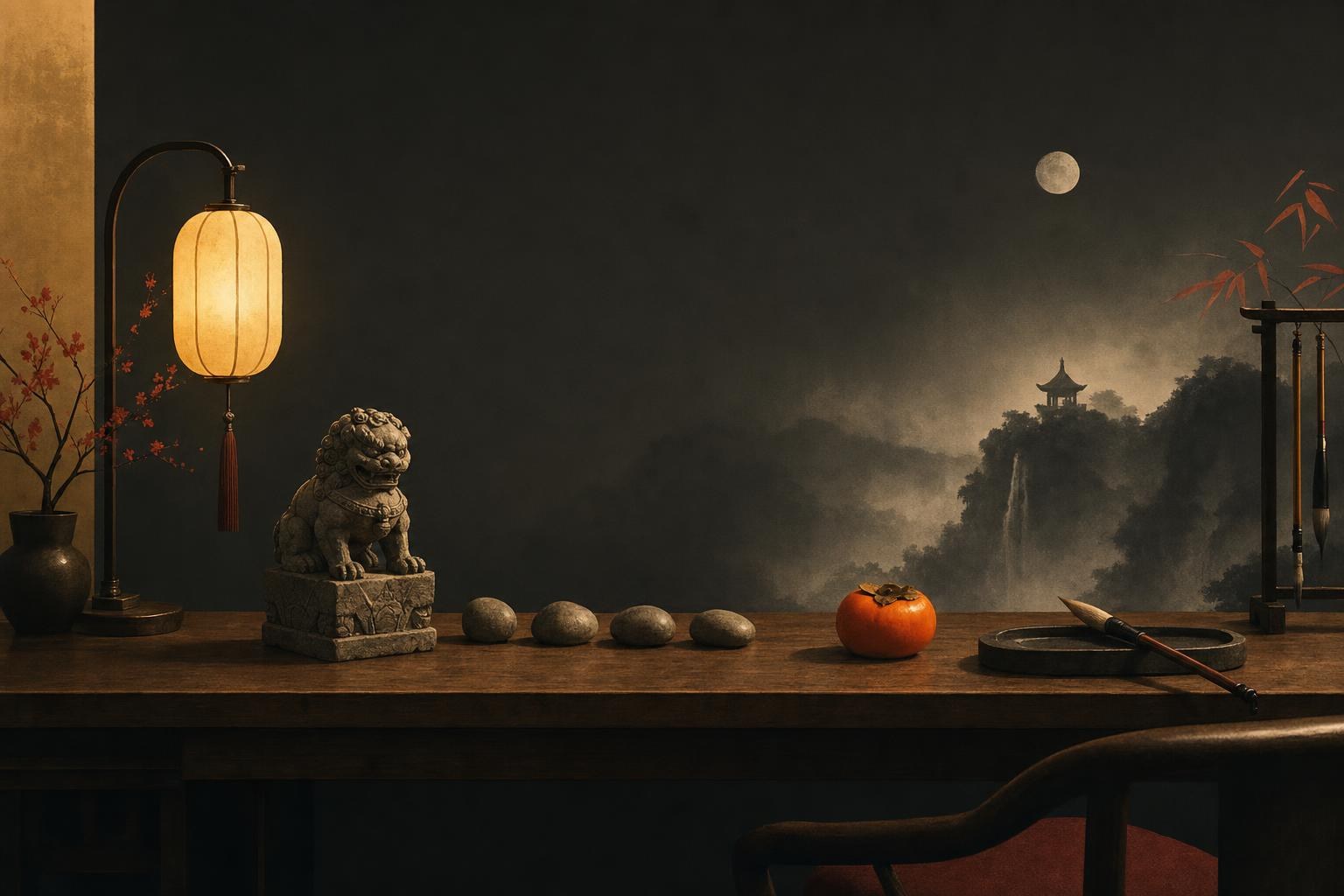 Chinese tongue twisters: a stone lion, four stones and a persimmon arranged on a scholar's desk under lamplight, ink-wash style