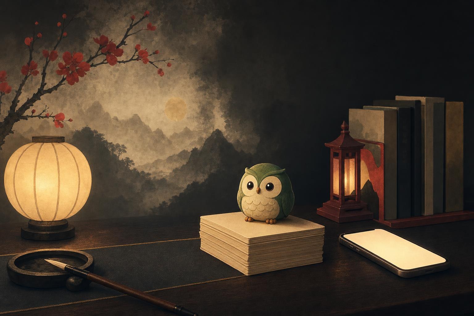 Duolingo chinese review: a small green owl figurine perched on a stack of flashcards beside a glowing phone in a dark study