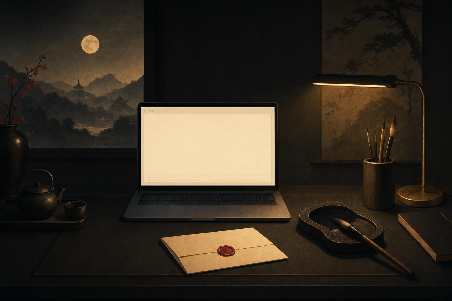 How to write an email in chinese: a laptop with a glowing blank message window beside a brush, an inkstone and a folded paper letter