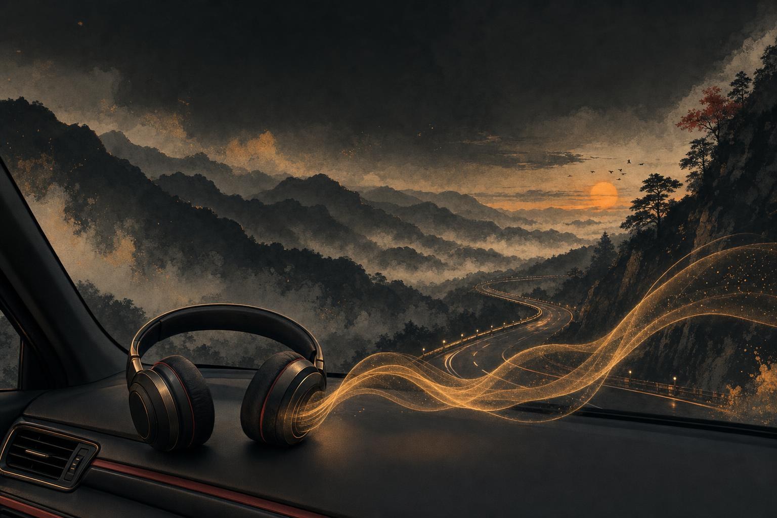 Pimsleur mandarin review: a pair of headphones resting on a car dashboard at dusk with a winding road ahead and a glowing sound wave