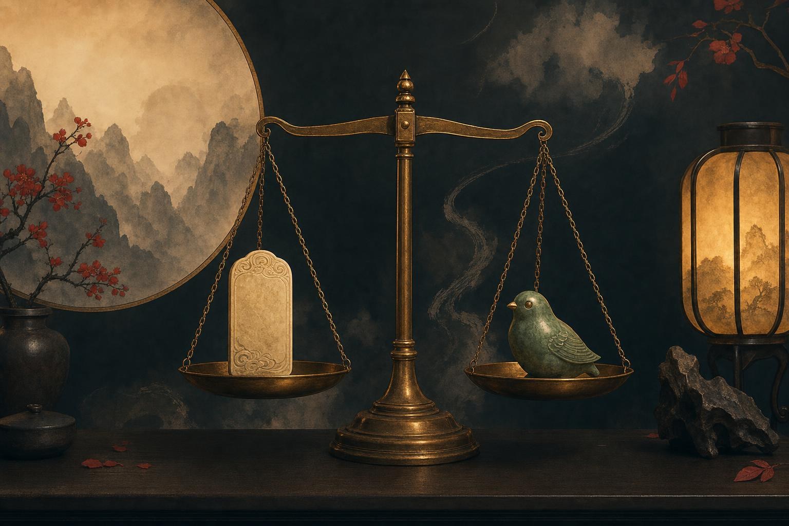 Rosetta stone vs duolingo for chinese: a carved stone tablet and a small green owl figurine facing each other on a balance scale
