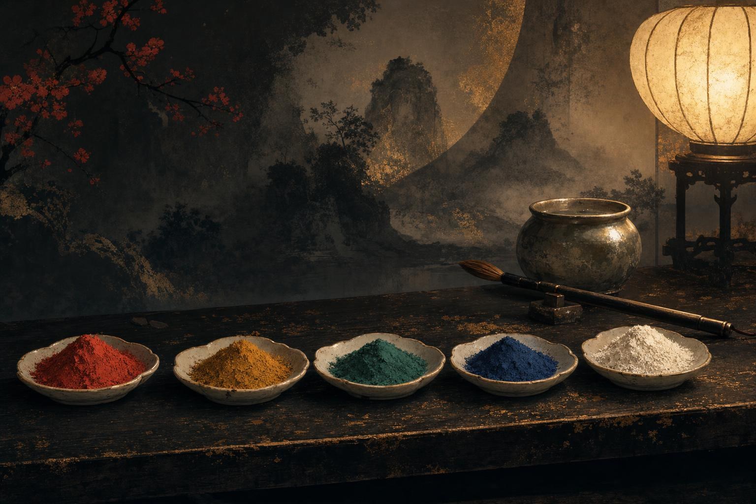 Dishes of mineral pigment in red, gold, green, and blue on a dark table, the palette of chinese colors