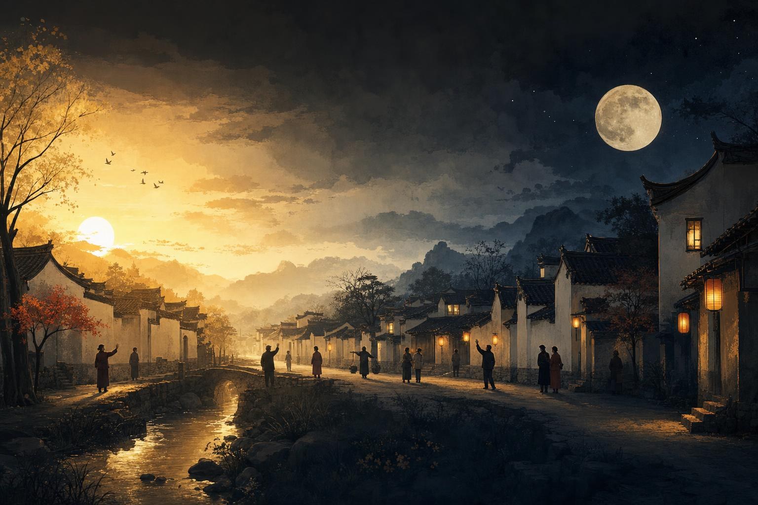 A village street passing from sunrise to moonlight with neighbors greeting each other, showing Chinese greetings