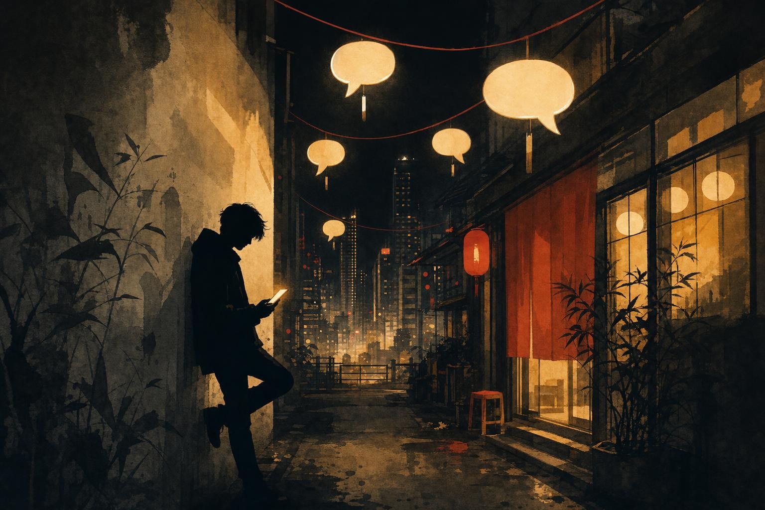 A glowing phone lighting up a night city alley with neon signs, representing Chinese slang