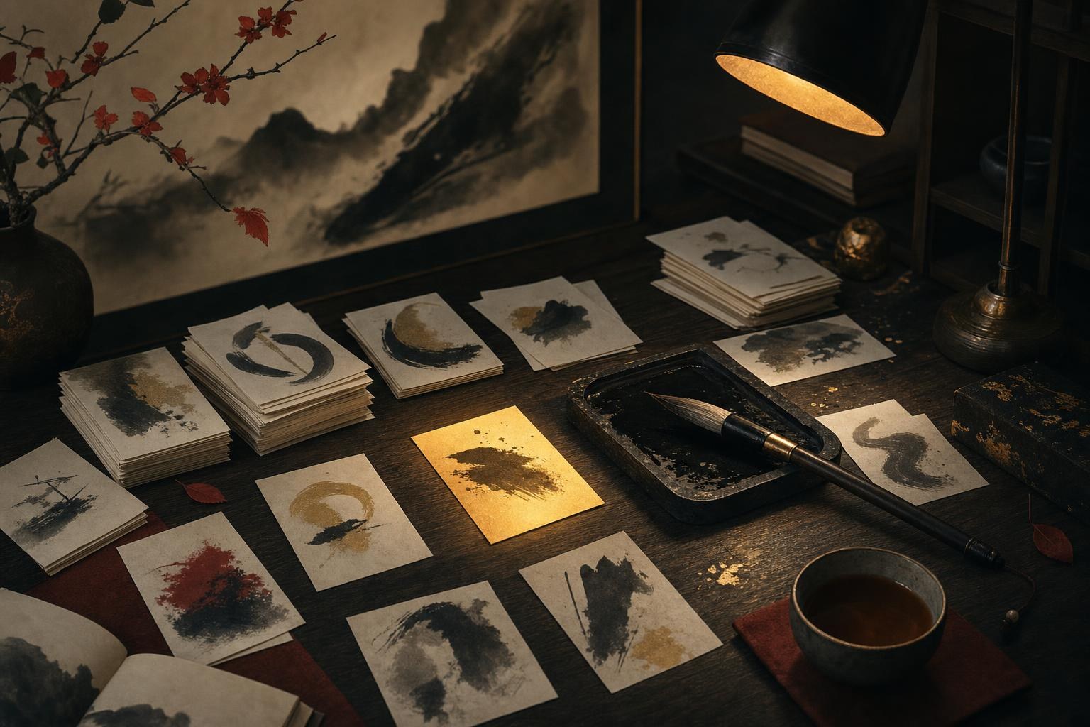 Scattered calligraphy word cards and an ink brush on a desk, representing basic Chinese words