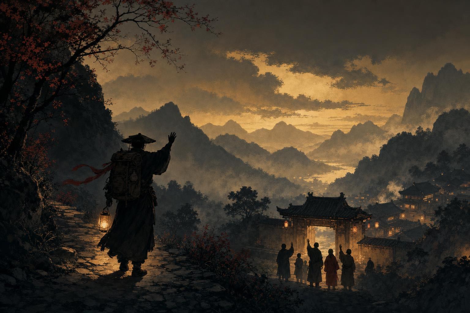 A traveler with a lantern waving farewell on a mountain path at dusk, saying goodbye in Chinese