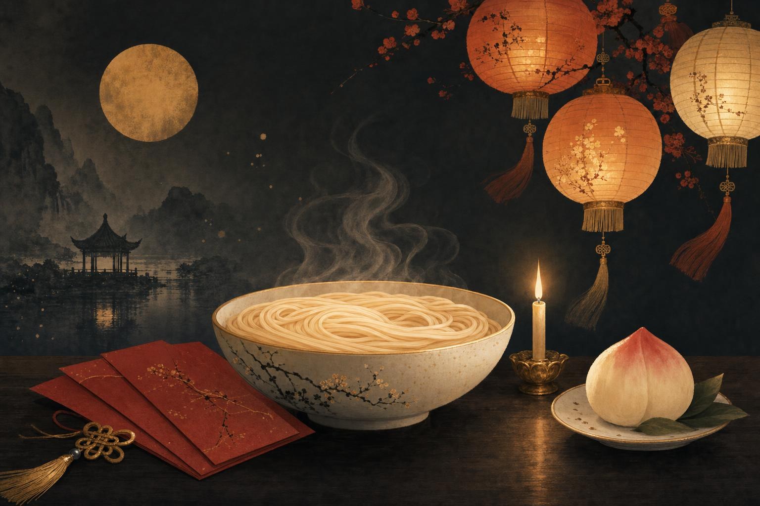Bowl of longevity noodles with a single candle and red envelopes, for happy birthday in Chinese