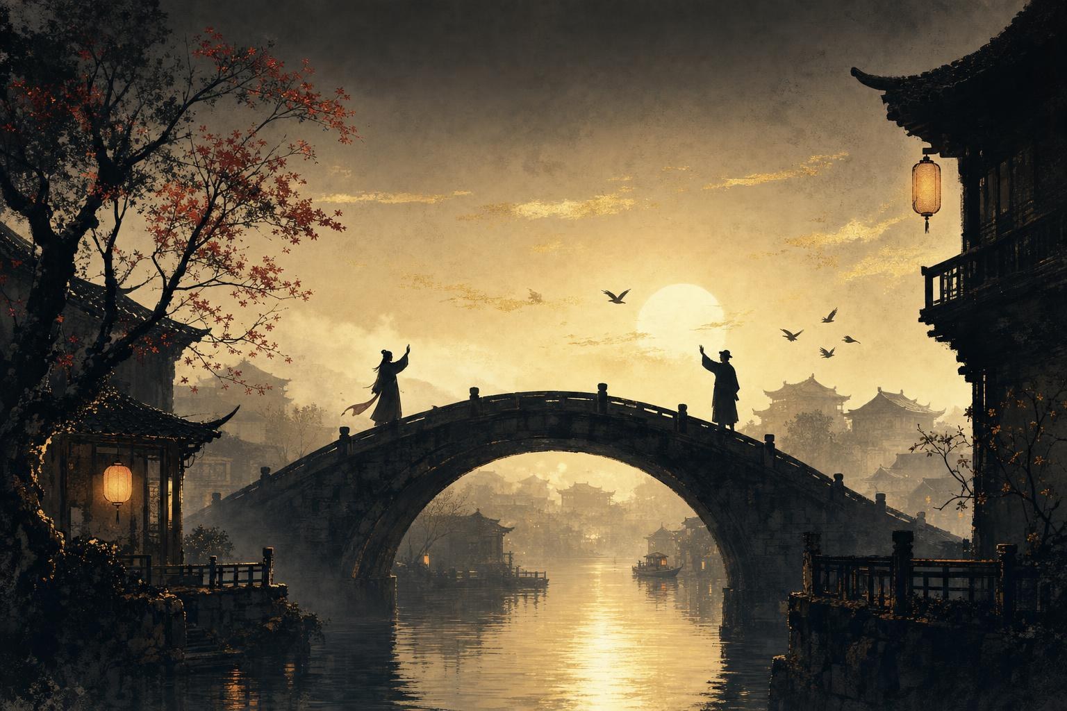 Two silhouetted friends waving to each other on a stone bridge at dawn, saying hello in Chinese