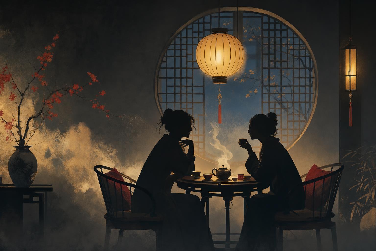 Two friends chatting over tea at a small table, asking how are you in Chinese