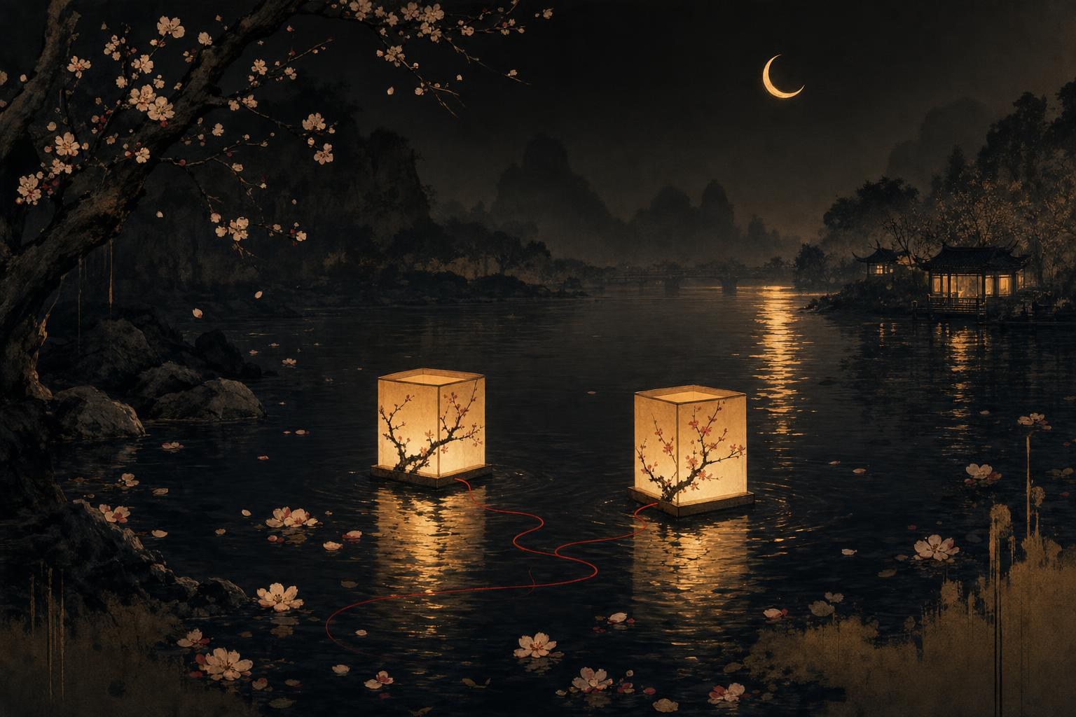 Two paper lanterns tied together with red thread over a river at night, symbolizing I love you in Chinese