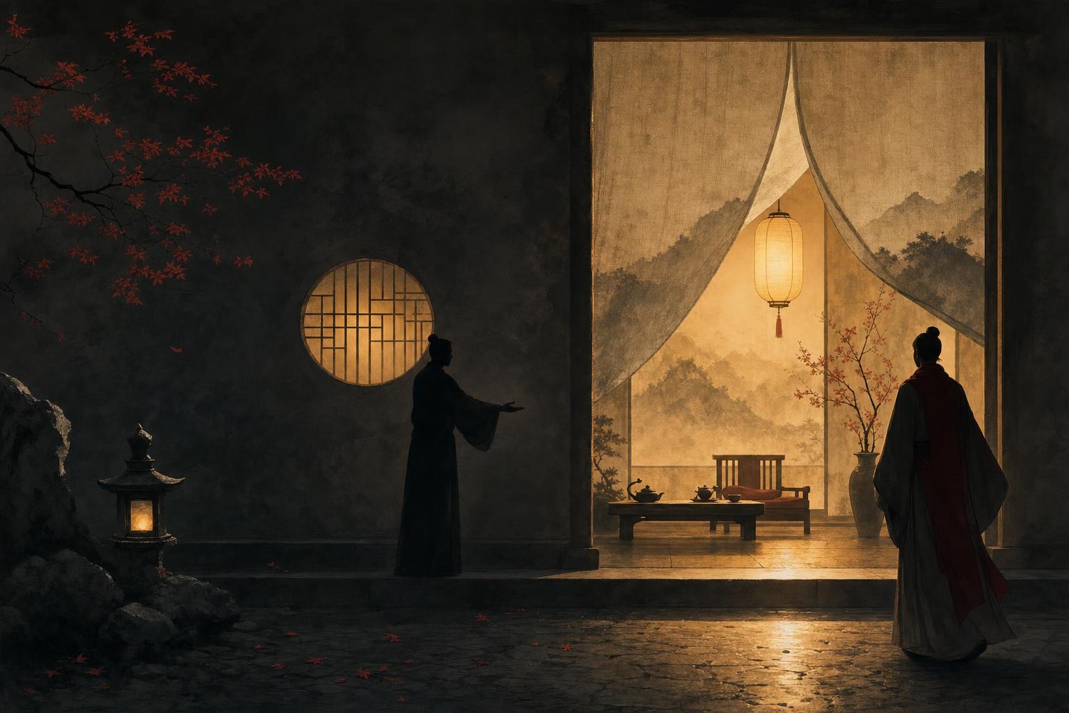 A hand politely inviting a guest toward a seat by lantern light, for please in Chinese