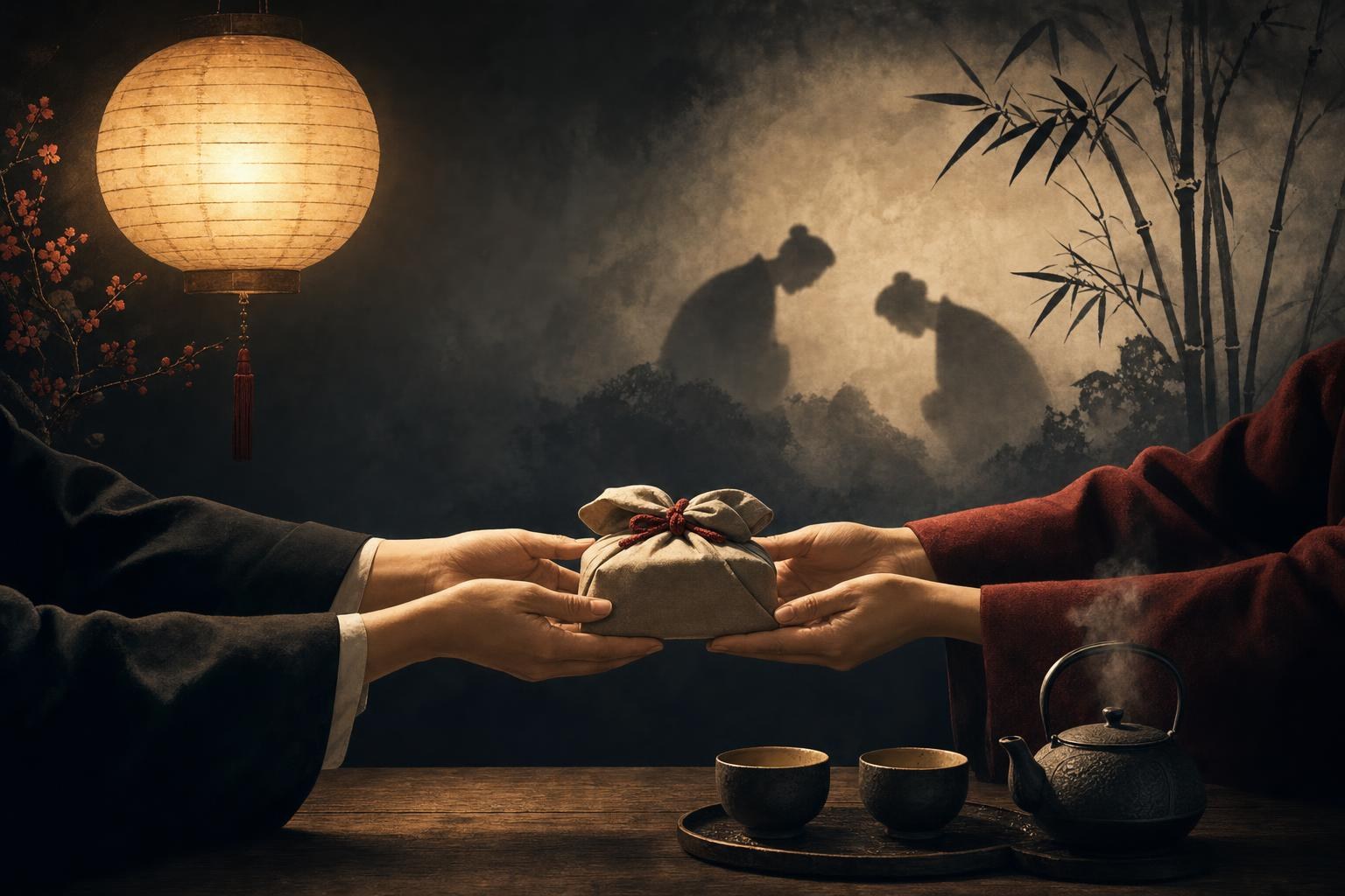 Two hands exchanging a wrapped tea gift, illustrating how to say thank you in Chinese
