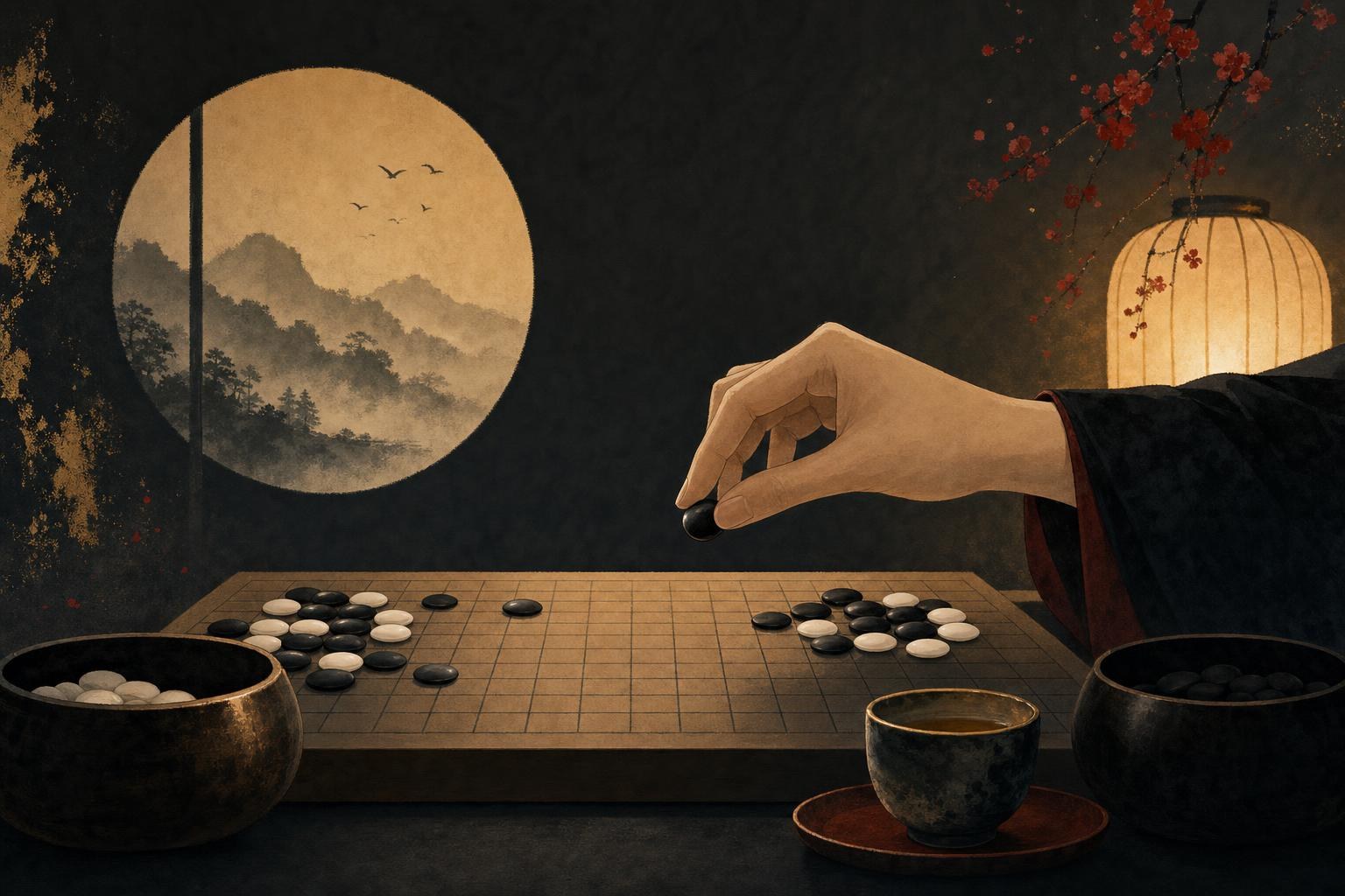 Black and white weiqi stones on a board under lamplight, representing yes in Chinese and no in Chinese