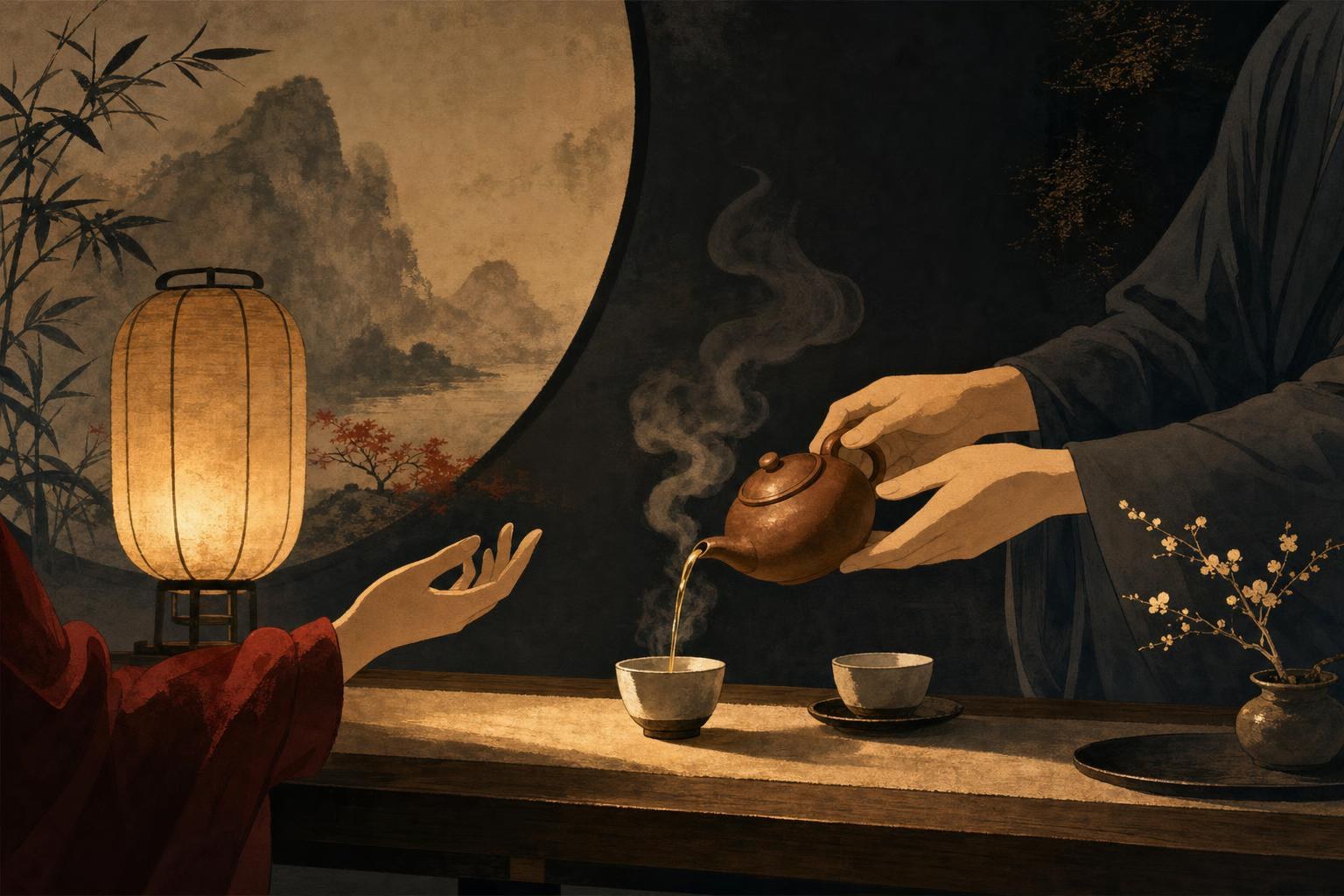 A host pouring tea for a guest with a welcoming gesture, saying you're welcome in Chinese