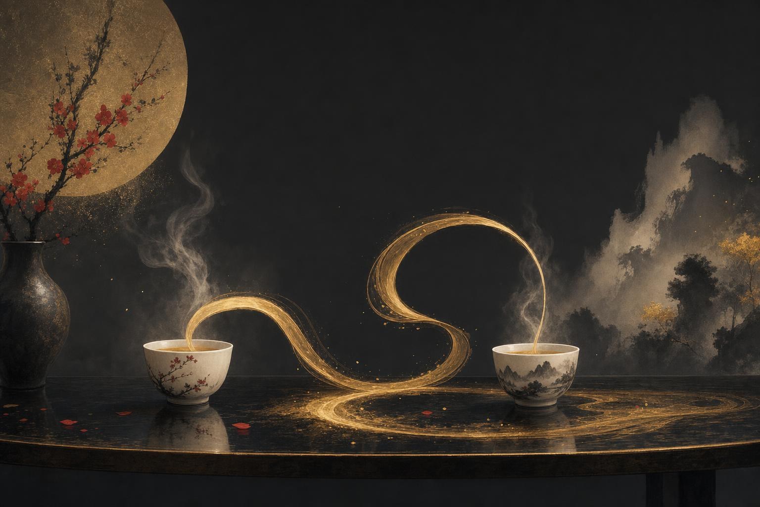 And in Chinese: two teacups on a dark table joined by a single flowing ribbon of golden ink