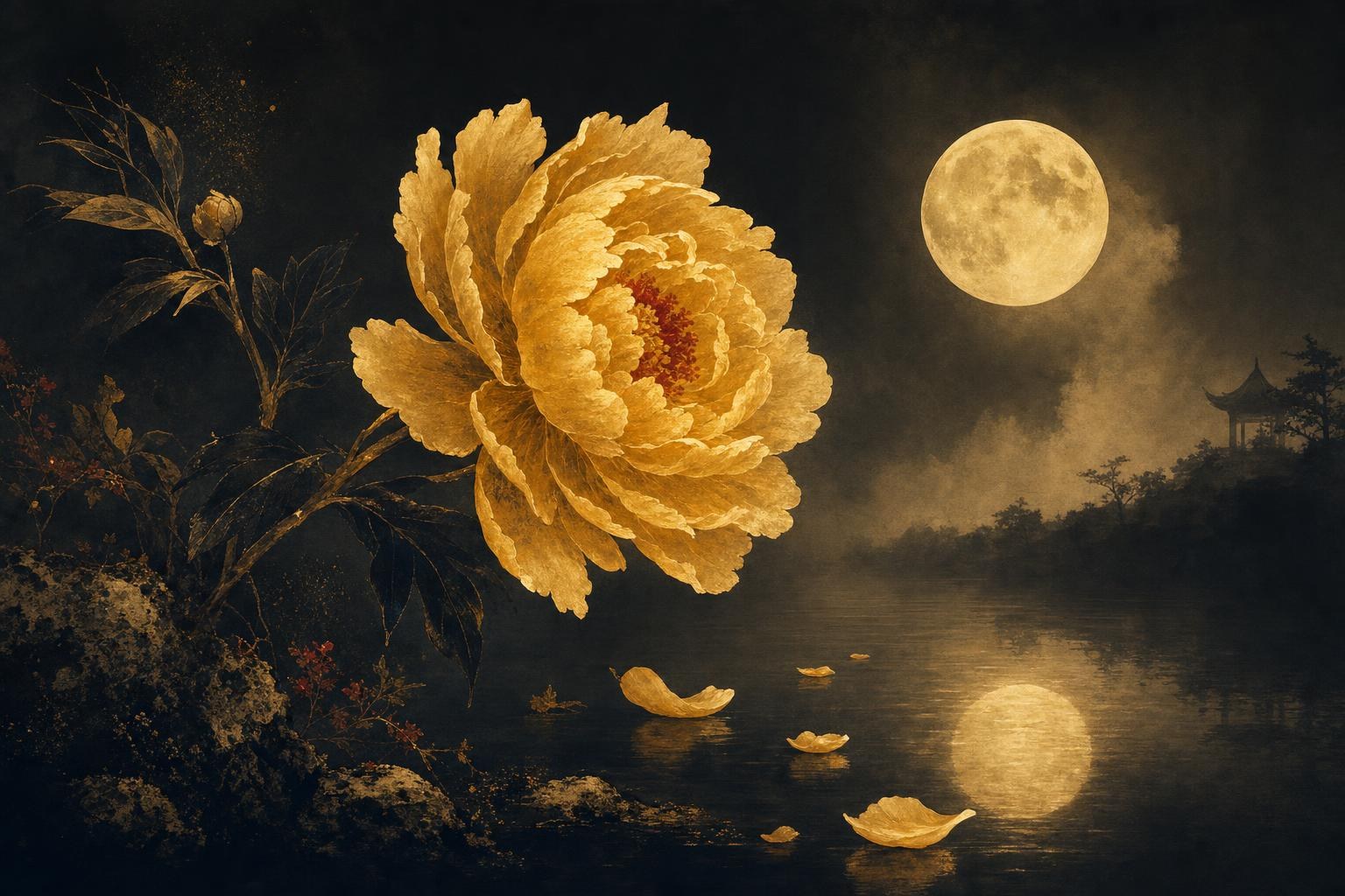 Beautiful in Chinese: a single peony blooming in golden ink beside a still pond with a reflected moon