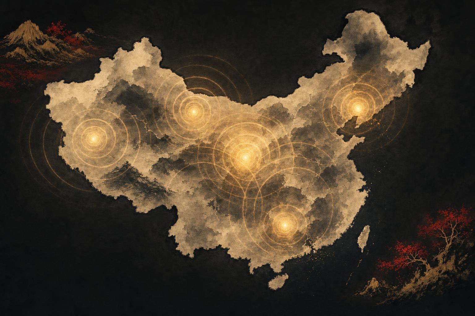 Chinese accent: a map of China drawn in ink-wash with sound ripples spreading from several cities