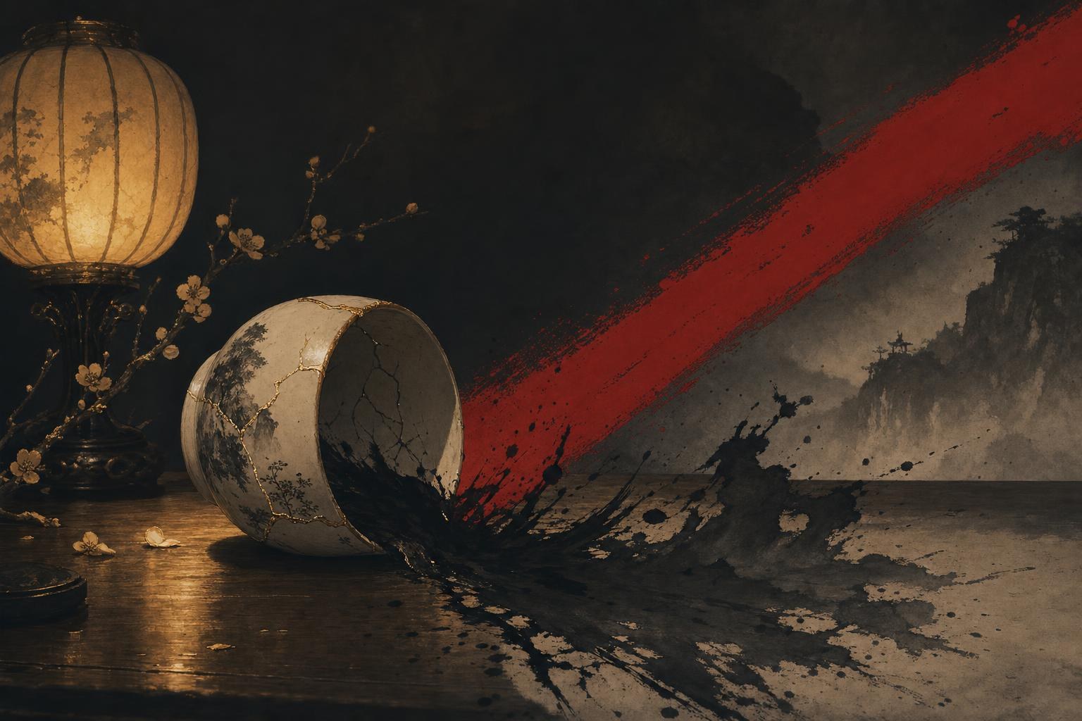 Chinese curse words: a cracked teacup spilling dark ink across a table under a single red brushstroke