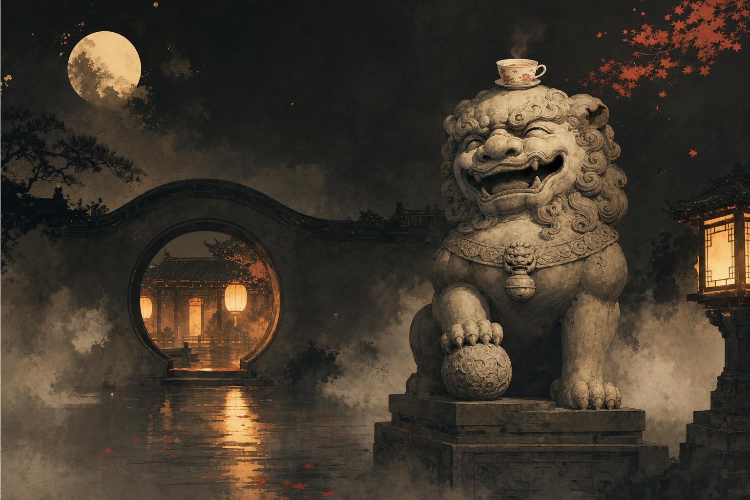 Chinese jokes: a laughing stone lion with a teacup balanced on its head in an ink-wash courtyard