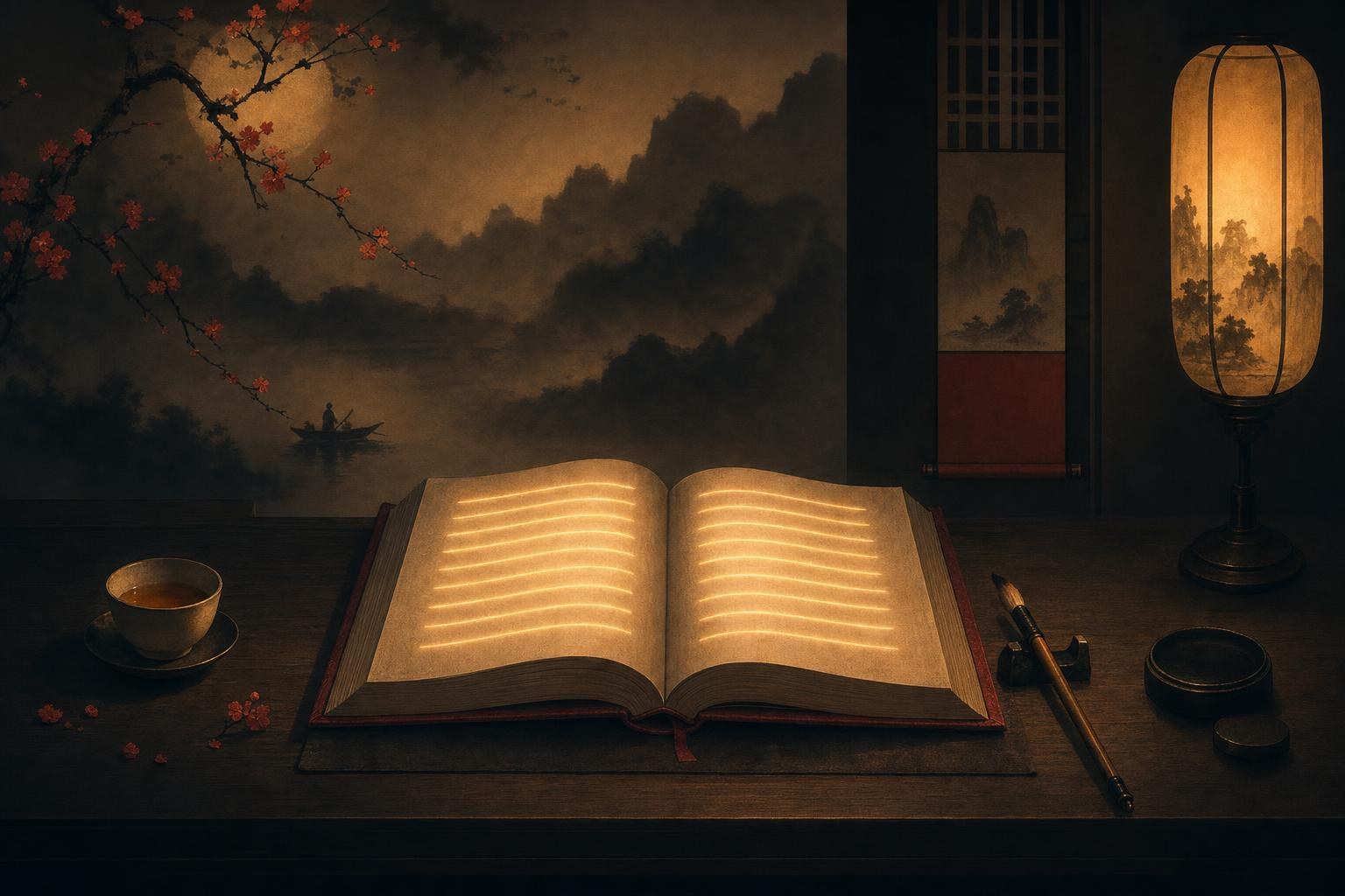 Chinese paragraph examples: an open book on a dark desk with lines of text glowing softly under lamplight