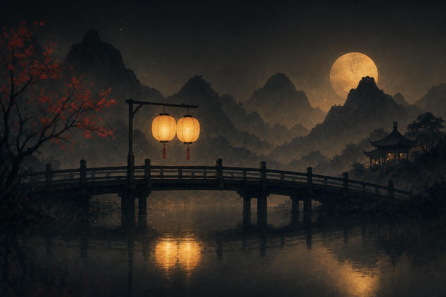 Friend in Chinese: two lanterns hung side by side on a dark bridge, their light overlapping on the water below