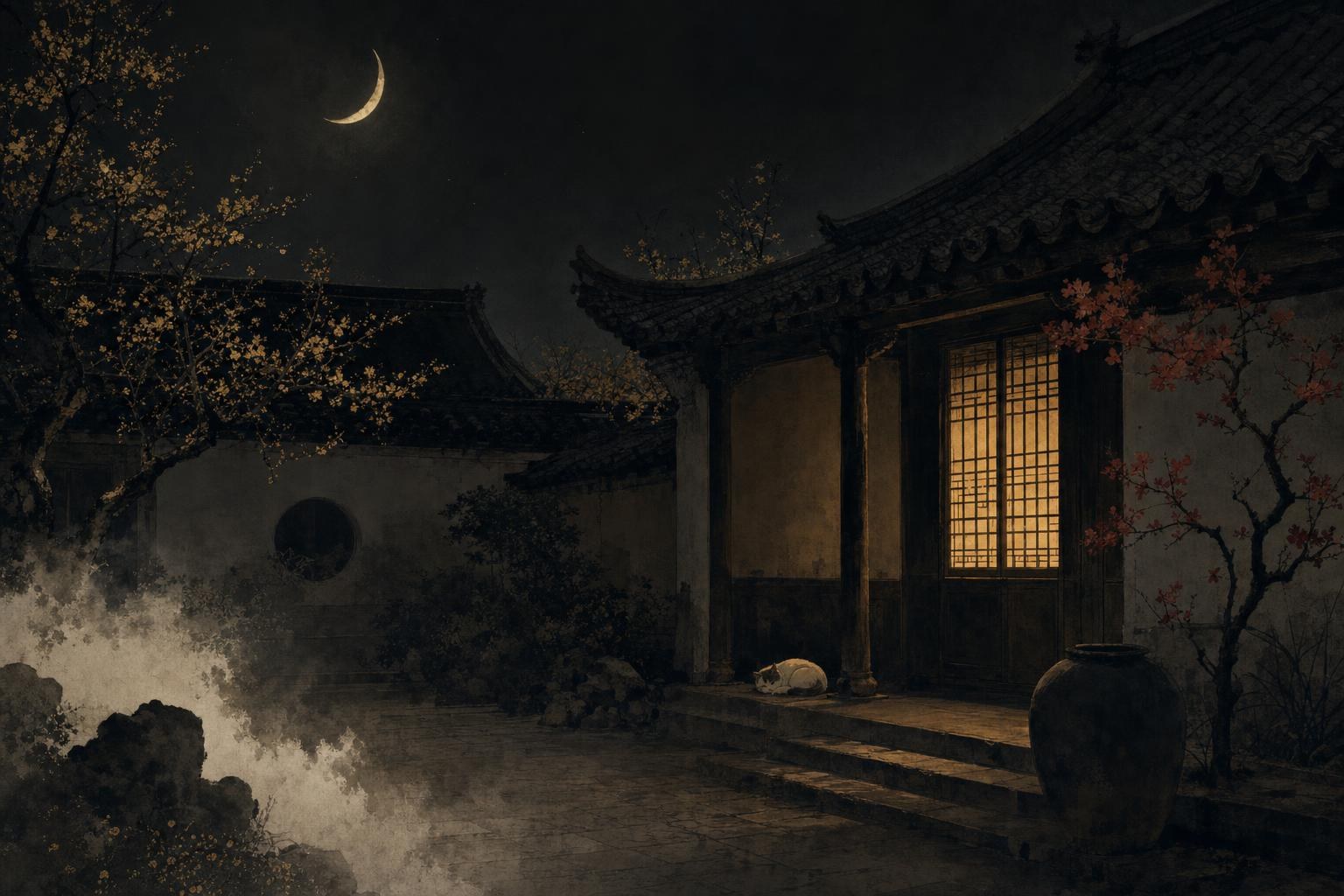 Good night in Chinese: a crescent moon over a quiet courtyard with one lantern glowing in a window
