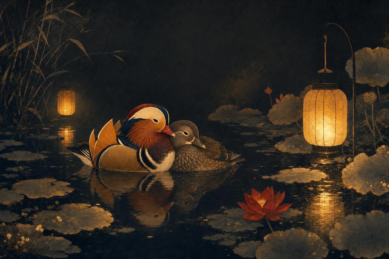 Terms of endearment in Chinese: two mandarin ducks resting together on a dark pond under warm lantern light