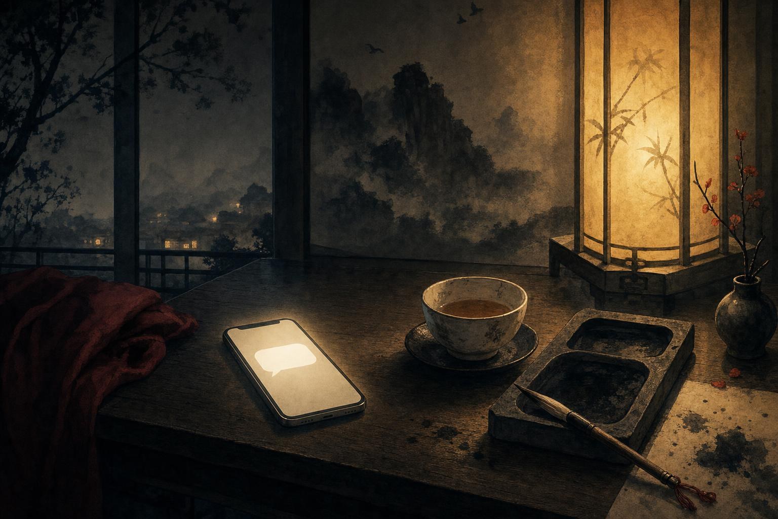 What are you doing in Chinese: a glowing phone on a dark desk beside a half-finished cup of tea and a brush