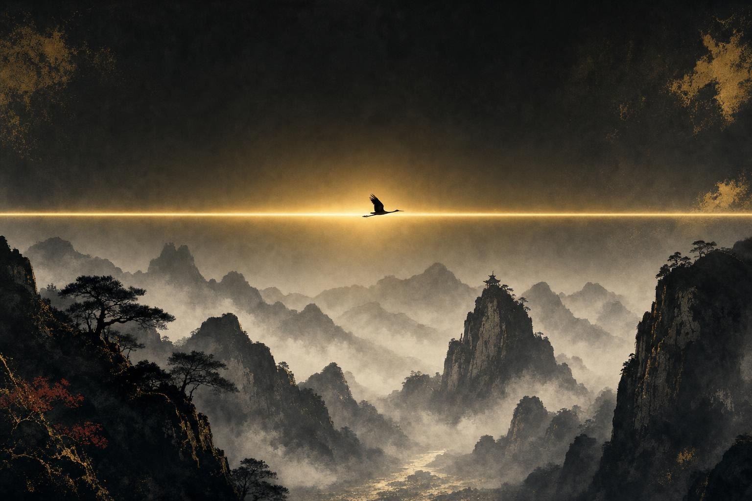 A single level beam of golden light stretching across a misty valley at dawn, the high flat pitch of the Mandarin 1st tone