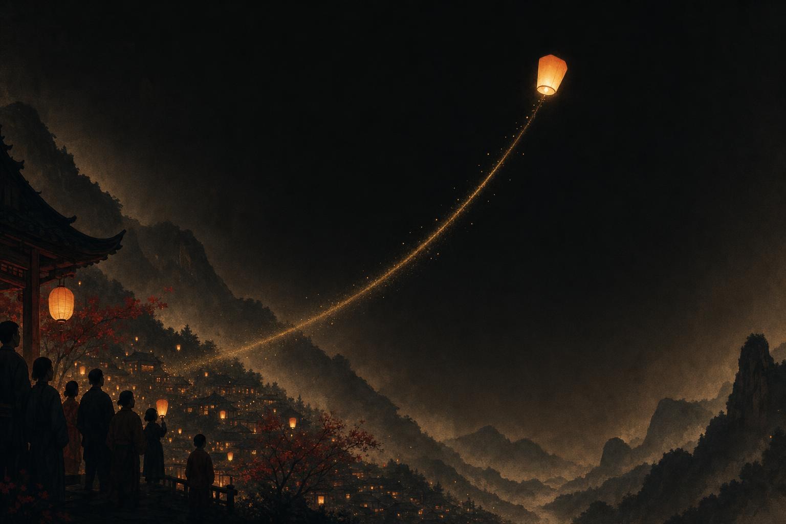 A glowing lantern rising into the night sky above a mountain village, the rising pitch of the Mandarin 2nd tone