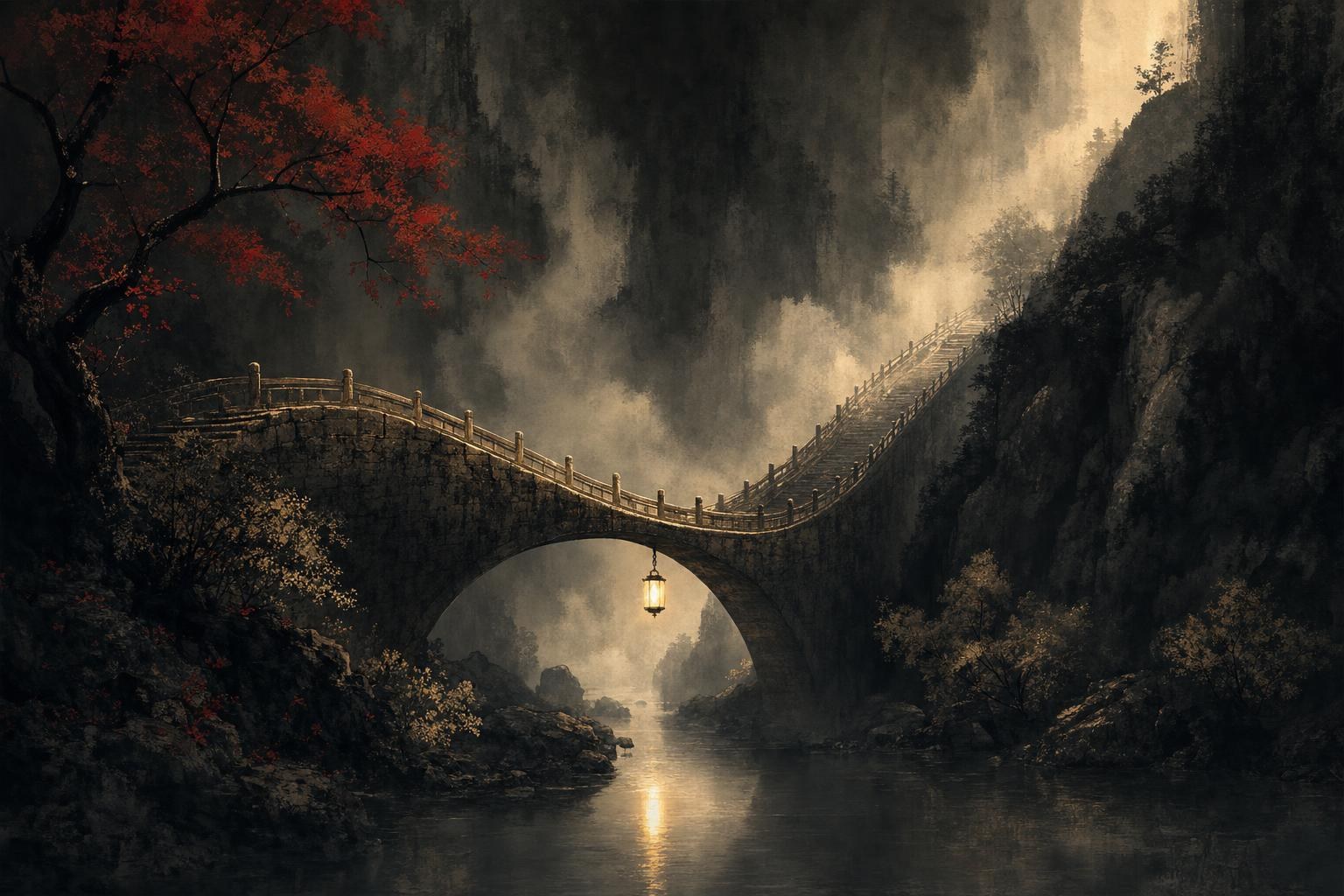 A stone bridge dipping low over a dark valley stream with a lantern at its lowest point, the low pitch of the Mandarin 3rd tone