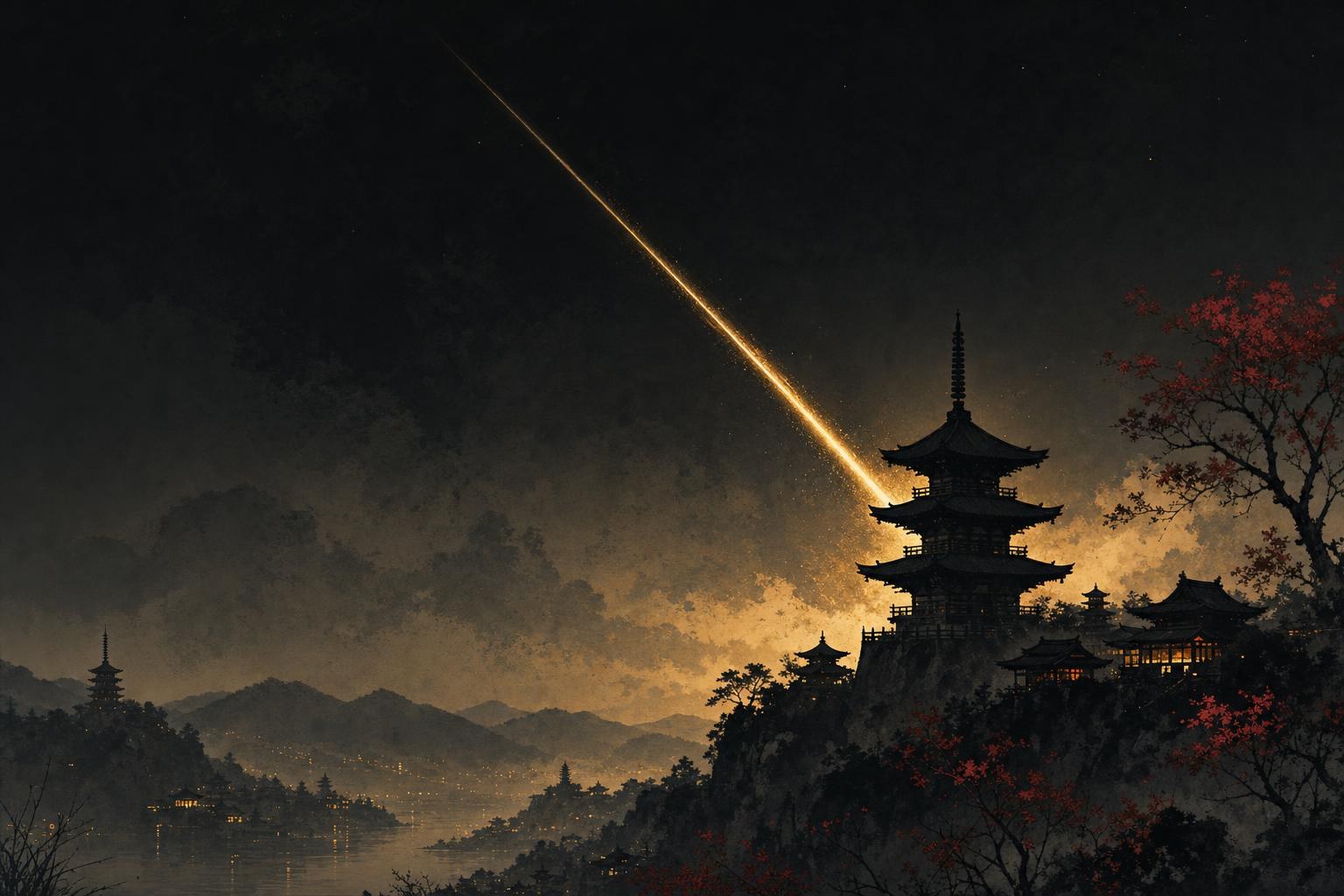 A shooting star falling in a clean diagonal streak over a pagoda rooftop, the falling pitch of the Mandarin 4th tone