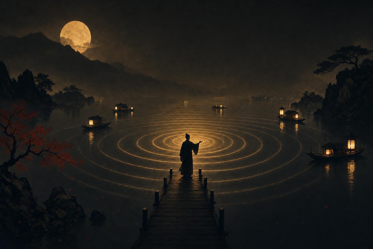 A silhouetted figure speaking glowing ripples of sound across a still night lake, learning Chinese pronunciation