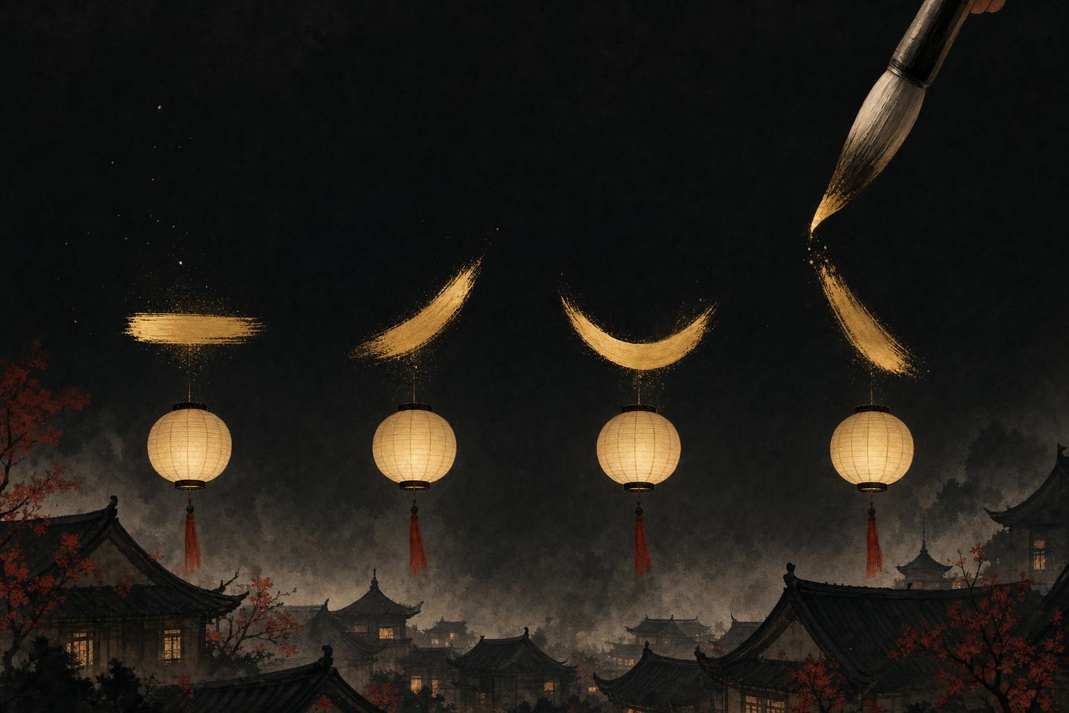 A calligraphy brush drawing four small glowing accent strokes above a row of lanterns, the Chinese tone marks