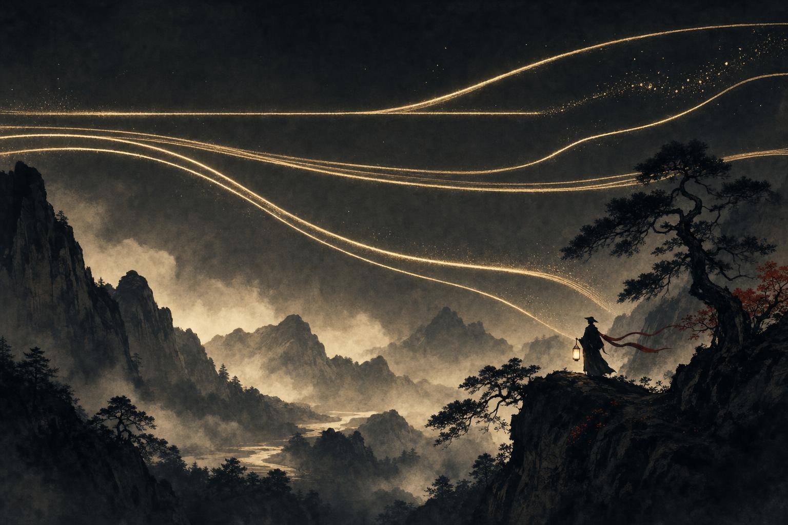 Four glowing pitch curves arcing like calligraphy strokes over a misty mountain valley, a complete guide to Chinese tones