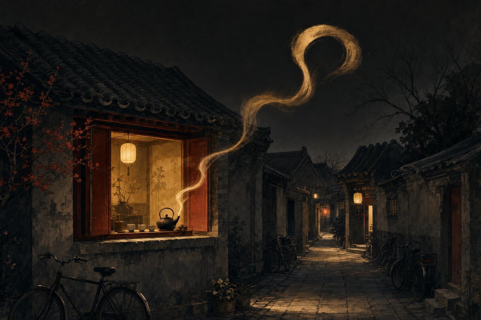 A curling wisp of golden smoke rising from a teahouse in a Beijing hutong alley at night, the curled sound of erhua