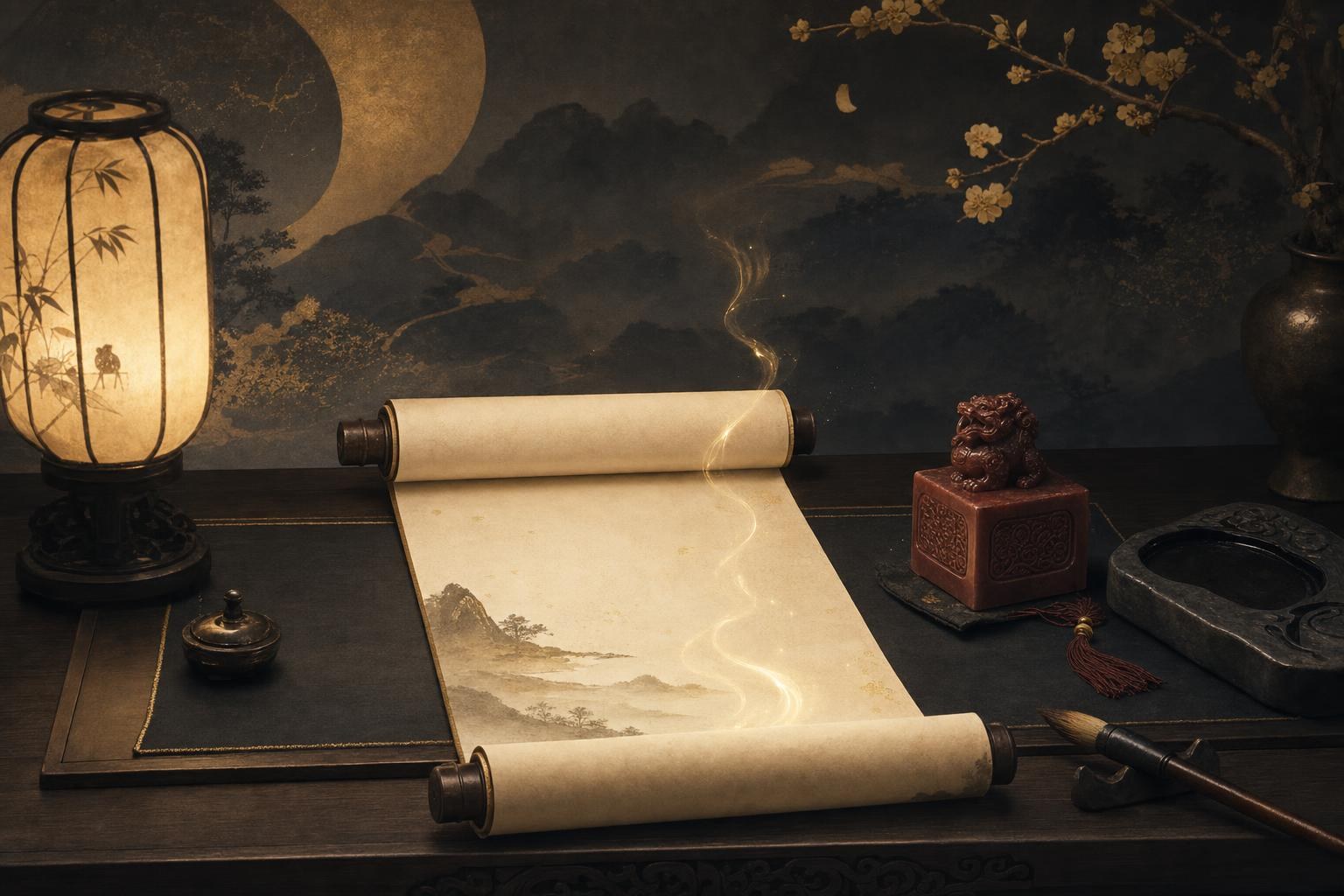 A red seal stamp and calligraphy name scroll glowing on a scholar's desk, learning how to pronounce Chinese names