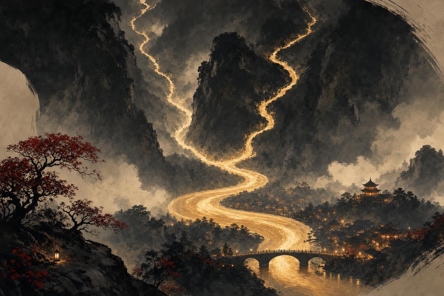 Two streams merging into one flowing river of golden light between dark cliffs, how tone sandhi blends Mandarin tones