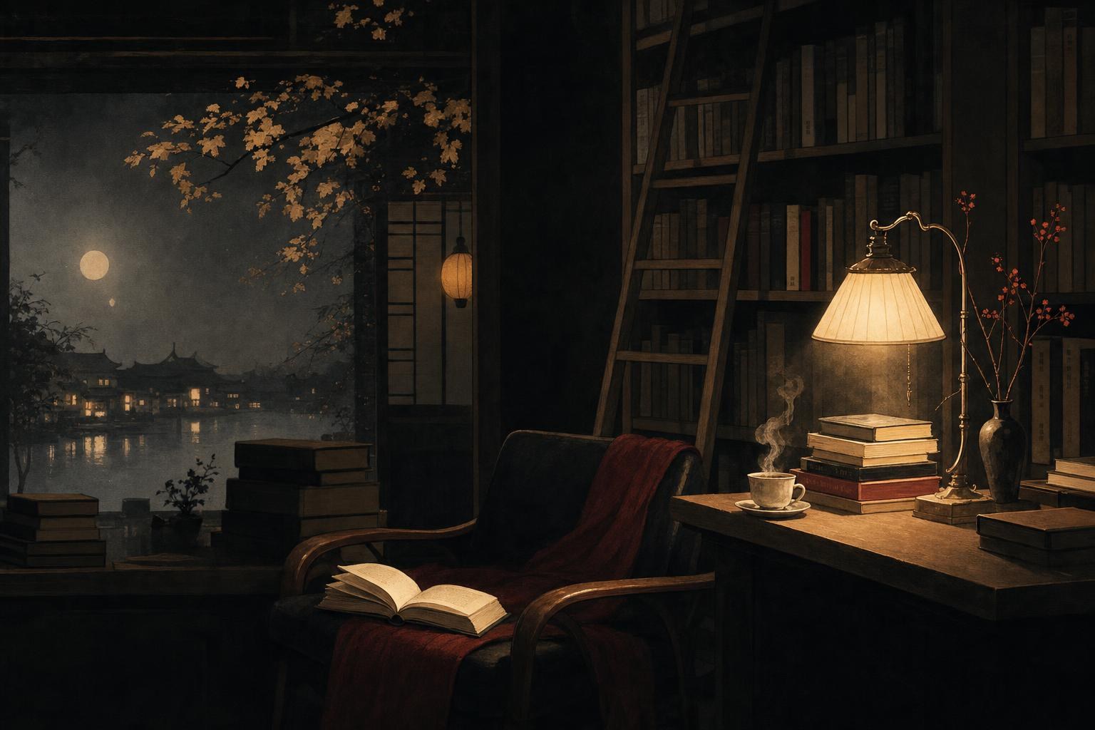 A cozy lamplit bookshop shelf with a stack of books and tea, showing the best books to learn Chinese