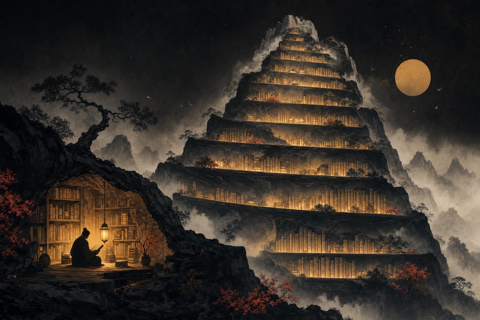 A staircase of oversized books ascending a misty mountain with lanterns, symbolizing Chinese graded readers by level