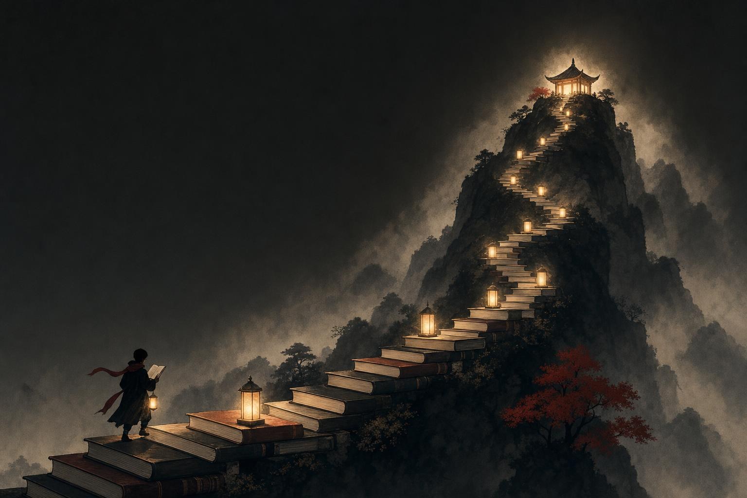 A reader with a lantern climbing a winding staircase of glowing books, representing Chinese reading practice by level
